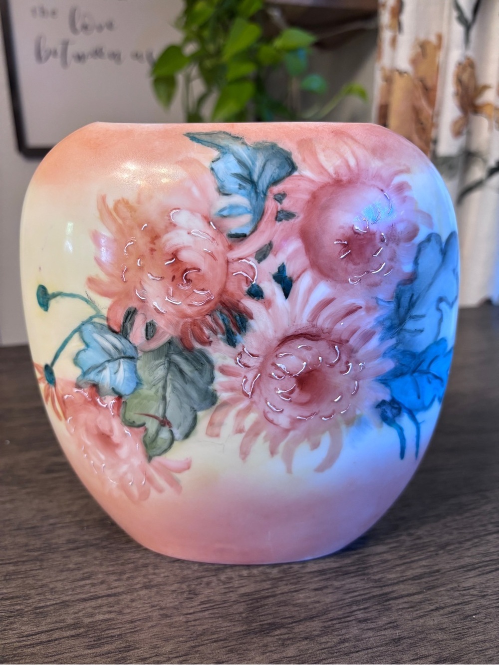 Vintage Hand-Painted Floral Porcelain Pillow Vase in Pink and Blue